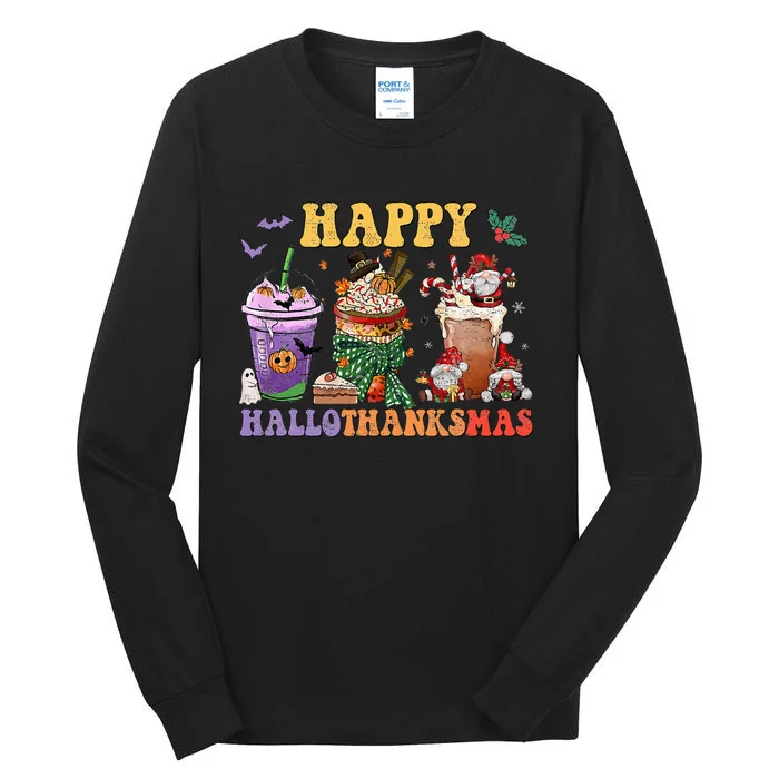 Coffee Halloween Thanksgiving Christmas Happy Hallothanksmas Tall Long Sleeve T-Shirt