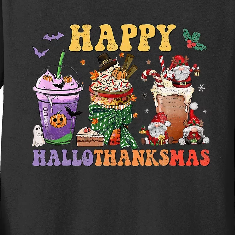 Coffee Halloween Thanksgiving Christmas Happy Hallothanksmas Kids Long Sleeve Shirt