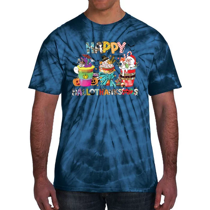 Coffee Halloween Thanksgiving Christmas Happy Hallothanksmas Tie-Dye T-Shirt