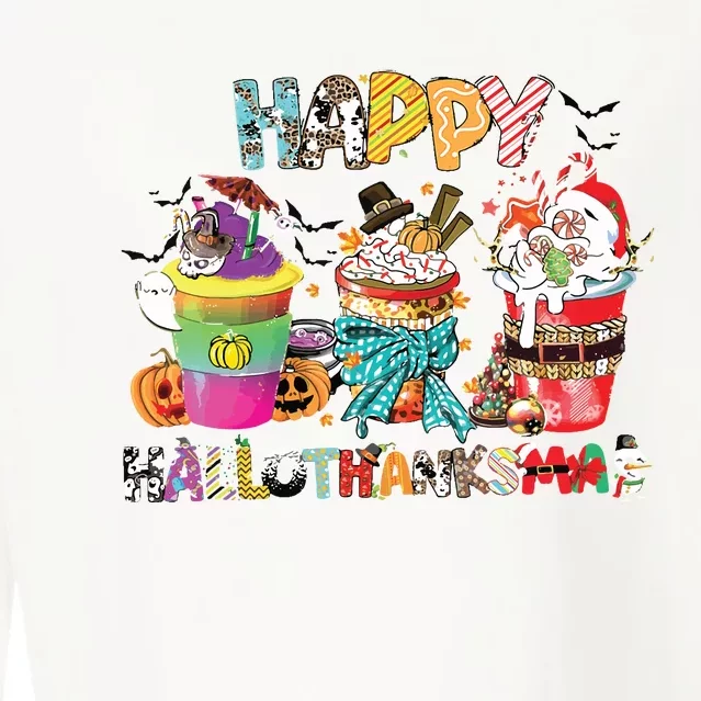 Coffee Halloween Thanksgiving Christmas Happy Hallothanksmas Cropped Pullover Crew