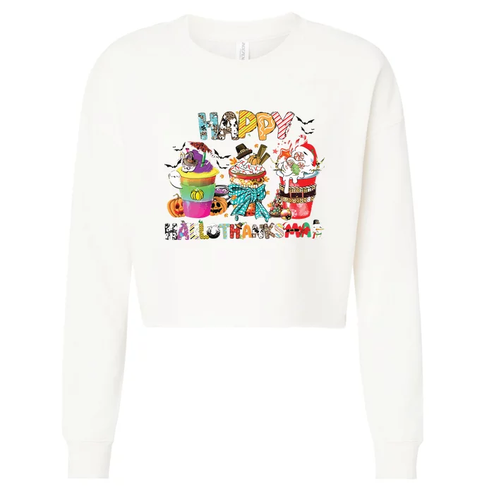 Coffee Halloween Thanksgiving Christmas Happy Hallothanksmas Cropped Pullover Crew