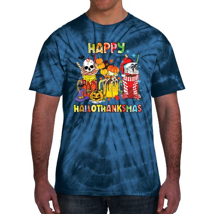 Coffee Halloween Thanksgiving Christmas Happy Hallothanksmas Tie-Dye T-Shirt