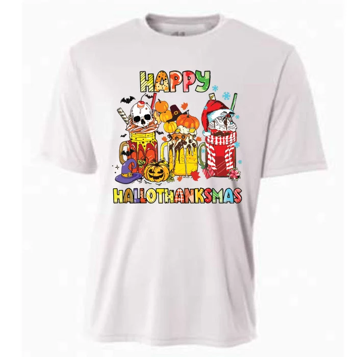 Coffee Halloween Thanksgiving Christmas Happy Hallothanksmas Cooling Performance Crew T-Shirt