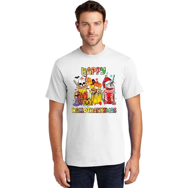 Coffee Halloween Thanksgiving Christmas Happy Hallothanksmas Tall T-Shirt