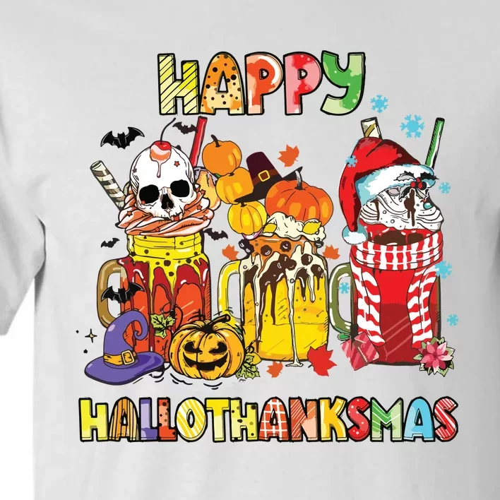 Coffee Halloween Thanksgiving Christmas Happy Hallothanksmas Tall T-Shirt