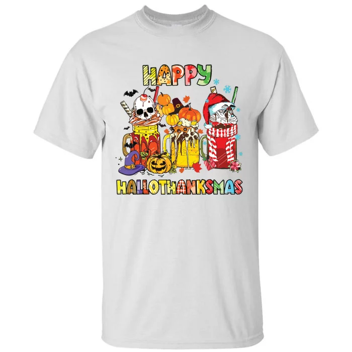 Coffee Halloween Thanksgiving Christmas Happy Hallothanksmas Tall T-Shirt