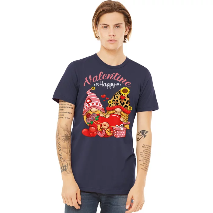 Cute Happy Valentines Day Gnomes With Leopard Sunflower Valentine Day Premium T-Shirt