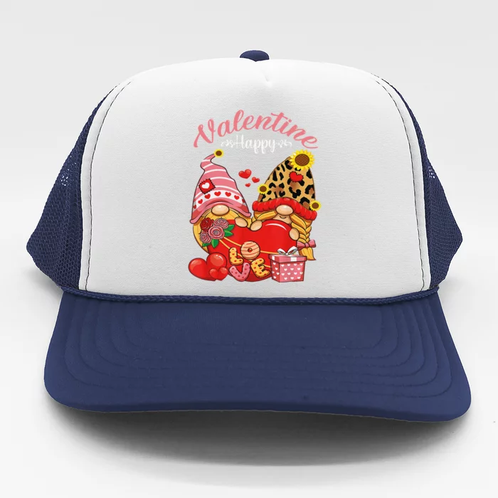 Cute Happy Valentines Day Gnomes With Leopard Sunflower Valentine Day Trucker Hat