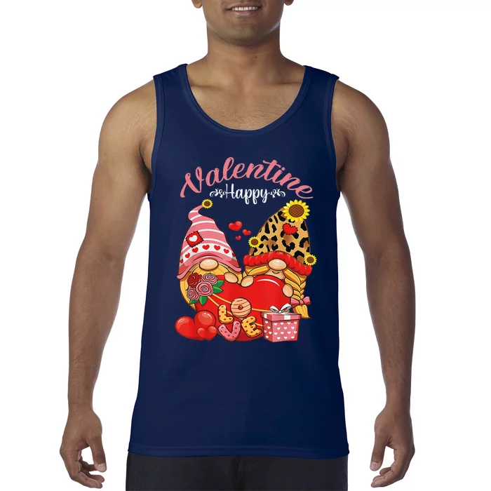 Cute Happy Valentines Day Gnomes With Leopard Sunflower Valentine Day Tank Top