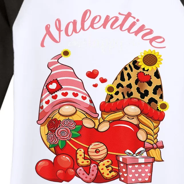 Cute Happy Valentines Day Gnomes With Leopard Sunflower Valentine Day Women's Tri-Blend 3/4-Sleeve Raglan Shirt