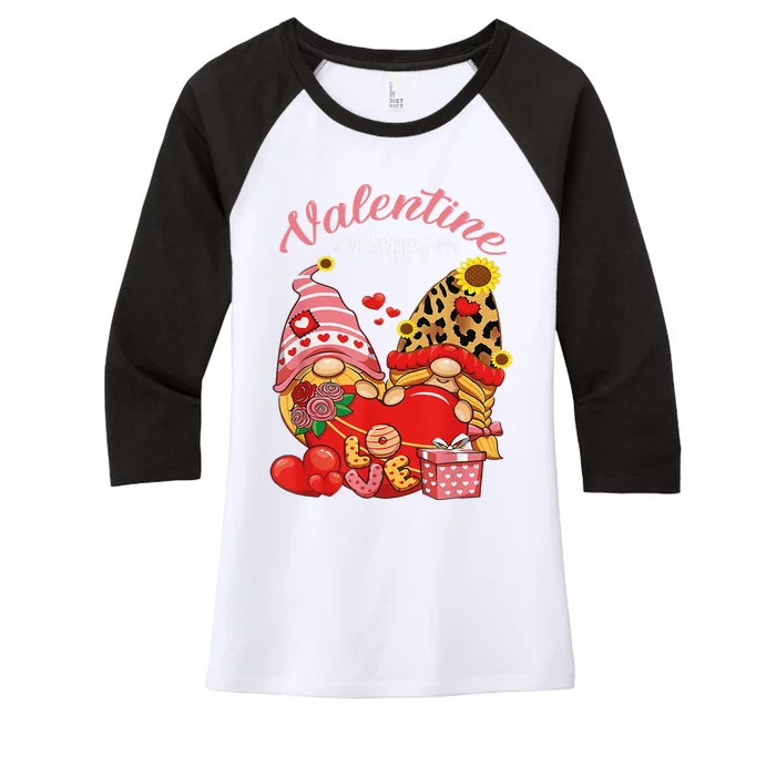 Cute Happy Valentines Day Gnomes With Leopard Sunflower Valentine Day Women's Tri-Blend 3/4-Sleeve Raglan Shirt