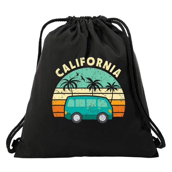 California Hippie Van Surfer Palm Tree Beach Vibes Drawstring Bag