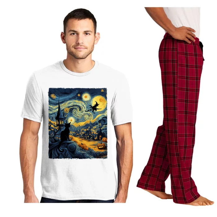 Cat Halloween Van Gogh Starry Night Pumpkin Gifts Pajama Set