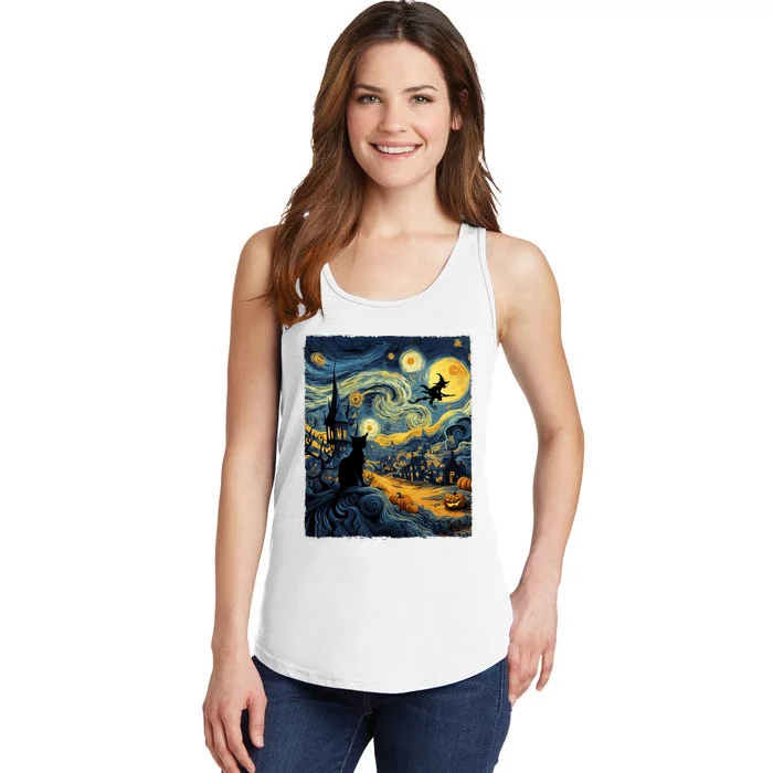 Cat Halloween Van Gogh Starry Night Pumpkin Gifts Ladies Essential Tank