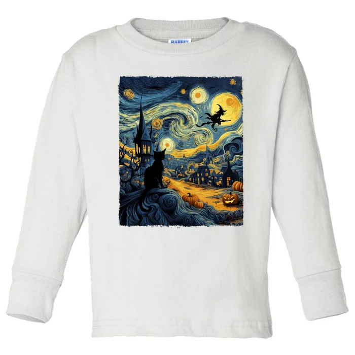 Cat Halloween Van Gogh Starry Night Pumpkin Gifts Toddler Long Sleeve Shirt