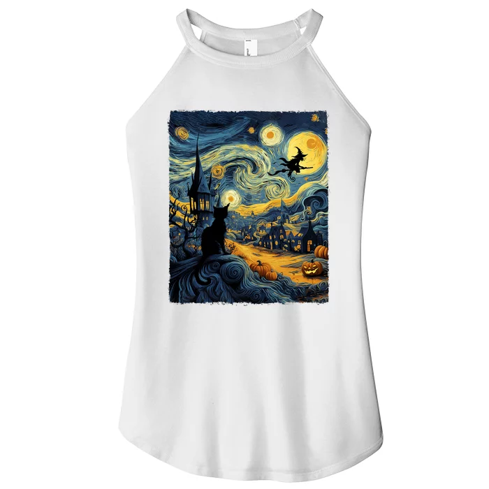 Cat Halloween Van Gogh Starry Night Pumpkin Gifts Women’s Perfect Tri Rocker Tank