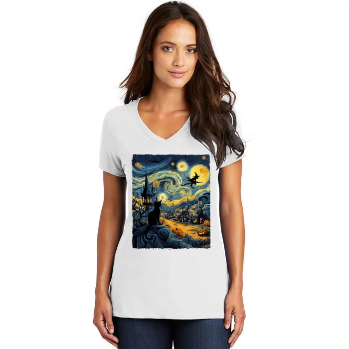 Cat Halloween Van Gogh Starry Night Pumpkin Gifts Women's V-Neck T-Shirt