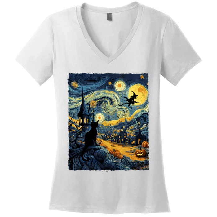 Cat Halloween Van Gogh Starry Night Pumpkin Gifts Women's V-Neck T-Shirt