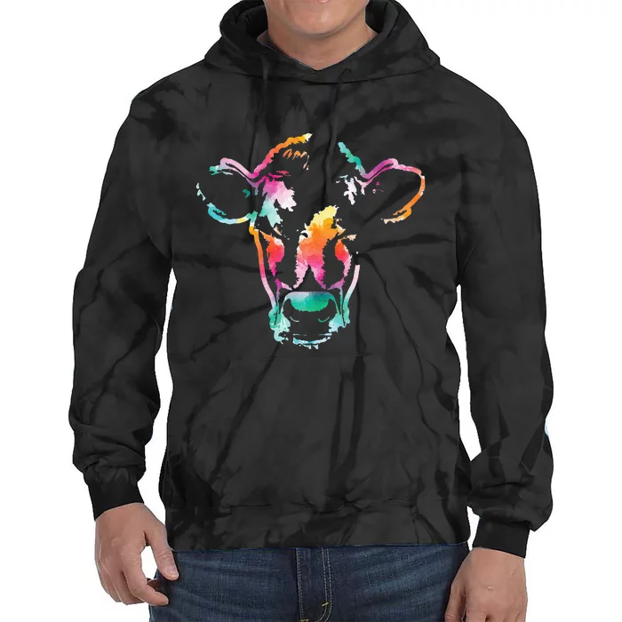 Cow Head Watercolor Art Farm Cow Lover Tie Dye Hoodie