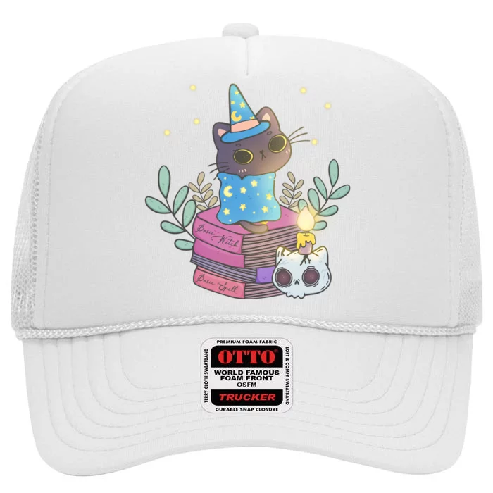 Cute Halloween Witch Cat High Crown Mesh Trucker Hat