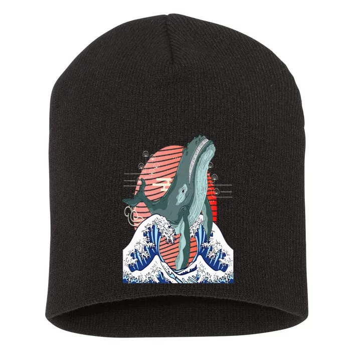 cute Humpback whale waves sea Japanese style art for lovers Short Acrylic Beanie