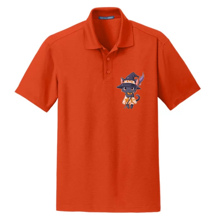 Cute Halloween Witch Cat With Broom Dry Zone Grid Performance Polo