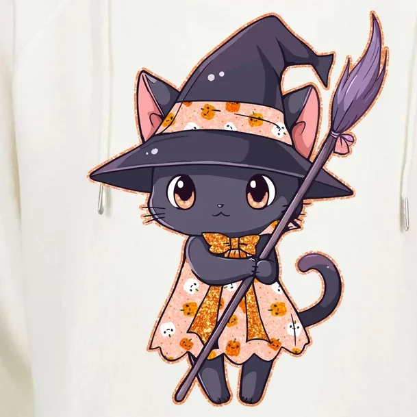 Cute Halloween Witch Cat With Broom Womens Funnel Neck Pullover Hood