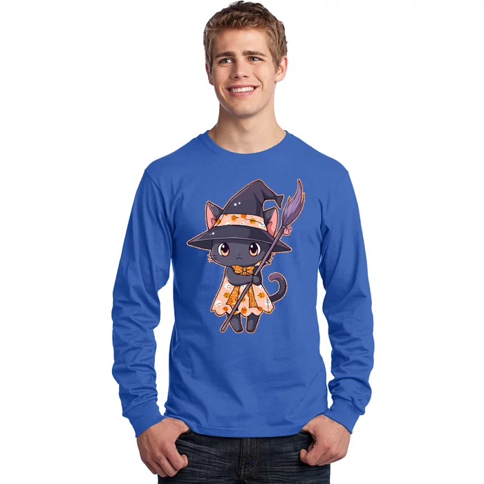 Cute Halloween Witch Cat With Broom Long Sleeve Shirt