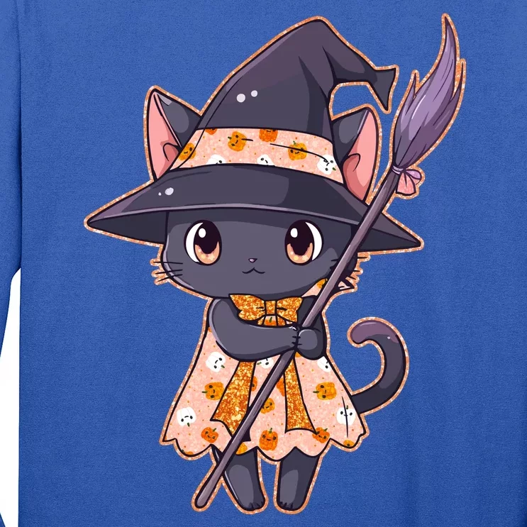 Cute Halloween Witch Cat With Broom Long Sleeve Shirt