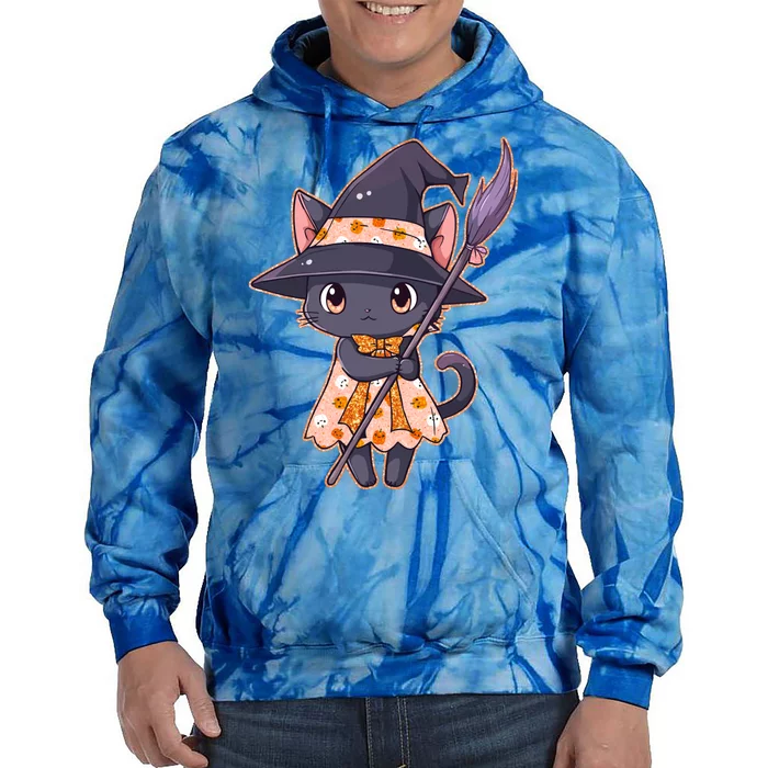 Cute Halloween Witch Cat With Broom Tie Dye Hoodie