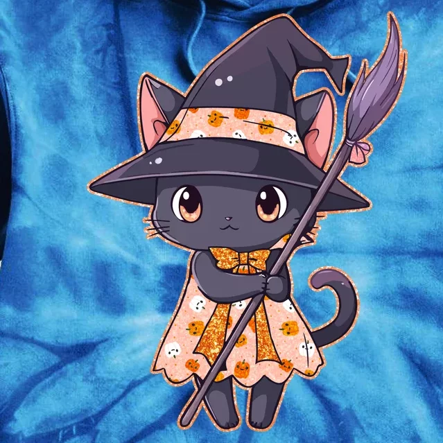 Cute Halloween Witch Cat With Broom Tie Dye Hoodie