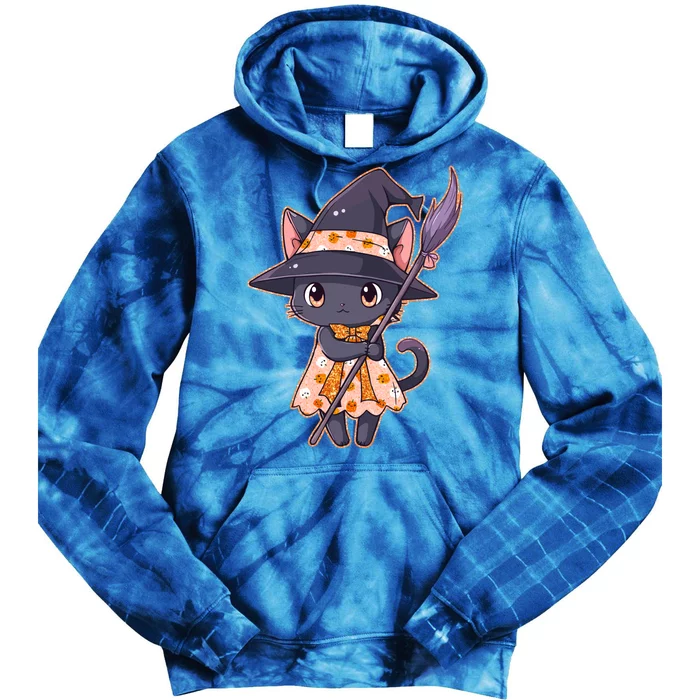 Cute Halloween Witch Cat With Broom Tie Dye Hoodie