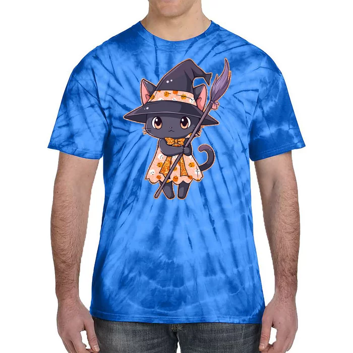 Cute Halloween Witch Cat With Broom Tie-Dye T-Shirt