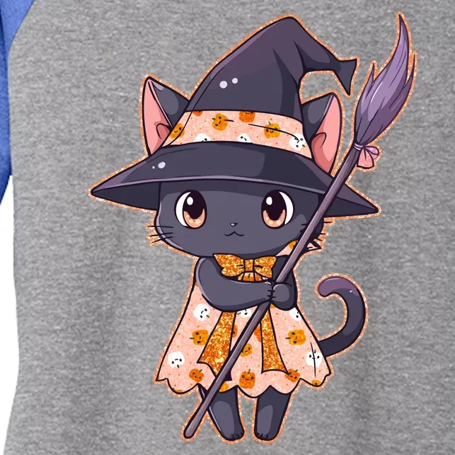 Cute Halloween Witch Cat With Broom Women's Tri-Blend 3/4-Sleeve Raglan Shirt