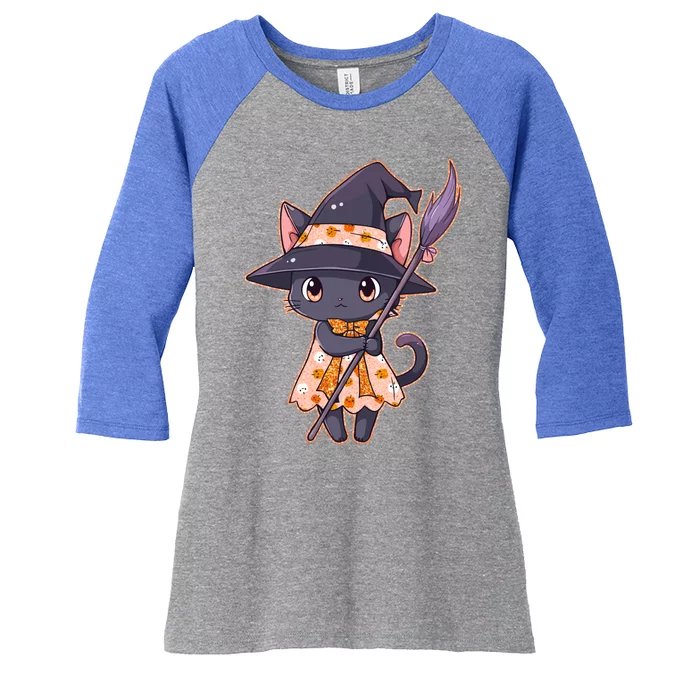 Cute Halloween Witch Cat With Broom Women's Tri-Blend 3/4-Sleeve Raglan Shirt