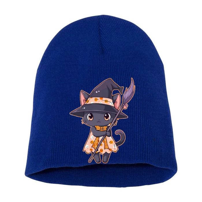 Cute Halloween Witch Cat With Broom Short Acrylic Beanie