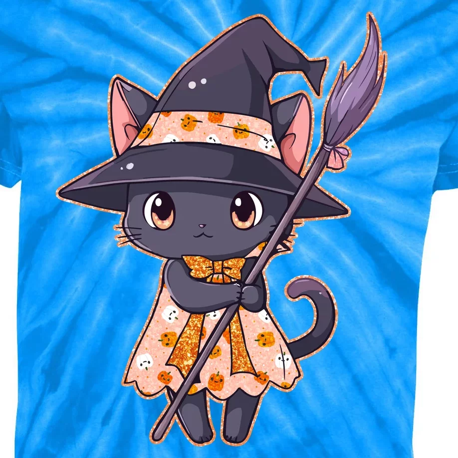 Cute Halloween Witch Cat With Broom Kids Tie-Dye T-Shirt