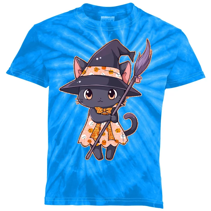 Cute Halloween Witch Cat With Broom Kids Tie-Dye T-Shirt