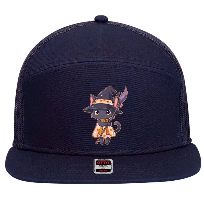 Cute Halloween Witch Cat With Broom 7 Panel Mesh Trucker Snapback Hat