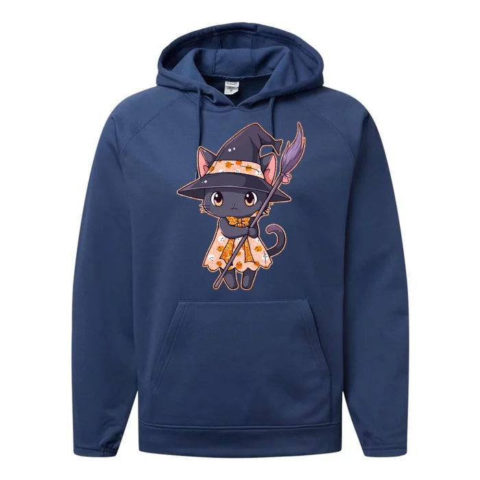 Cute Halloween Witch Cat With Broom Performance Fleece Hoodie