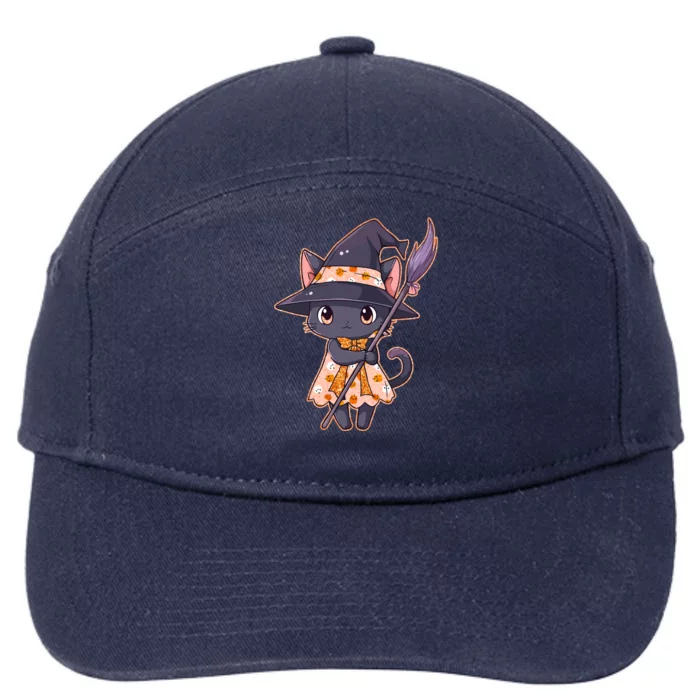 Cute Halloween Witch Cat With Broom 7-Panel Snapback Hat