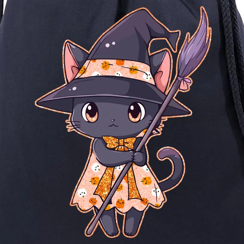 Cute Halloween Witch Cat With Broom Drawstring Bag