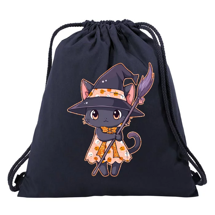 Cute Halloween Witch Cat With Broom Drawstring Bag