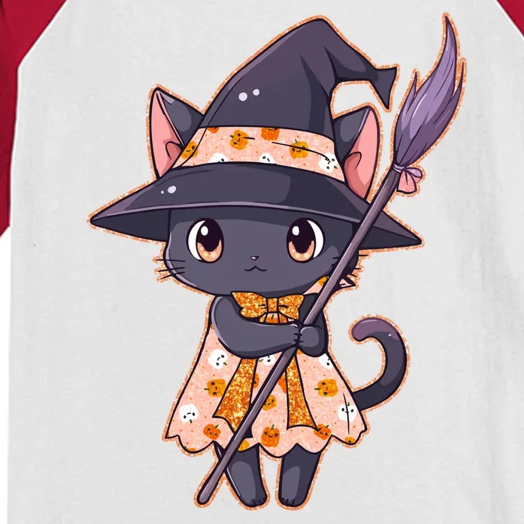 Cute Halloween Witch Cat With Broom Kids Colorblock Raglan Jersey