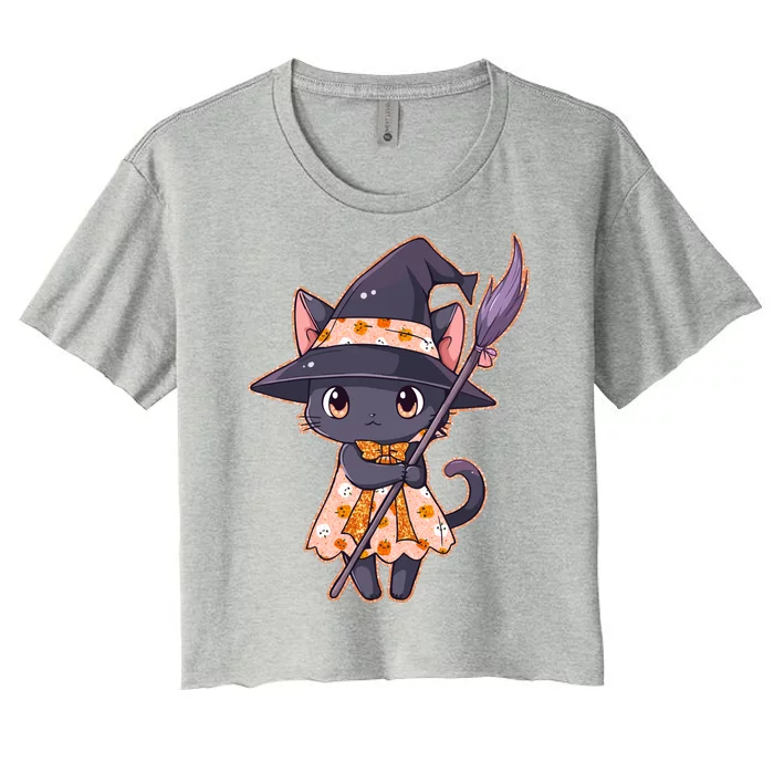 Cute Halloween Witch Cat With Broom Women's Crop Top Tee