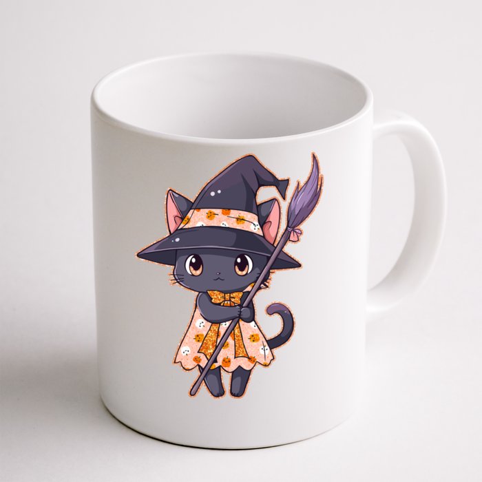 Cute Halloween Witch Cat With Broom Front & Back Coffee Mug