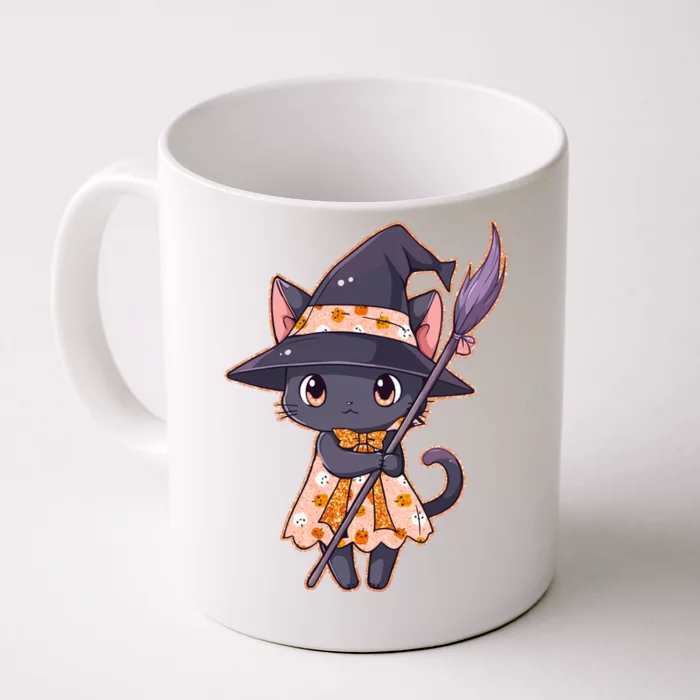 Cute Halloween Witch Cat With Broom Front & Back Coffee Mug