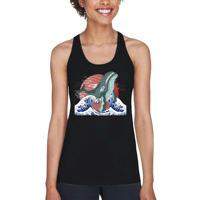 cute Humpback whale waves sea Japanese style Women's Racerback Tank