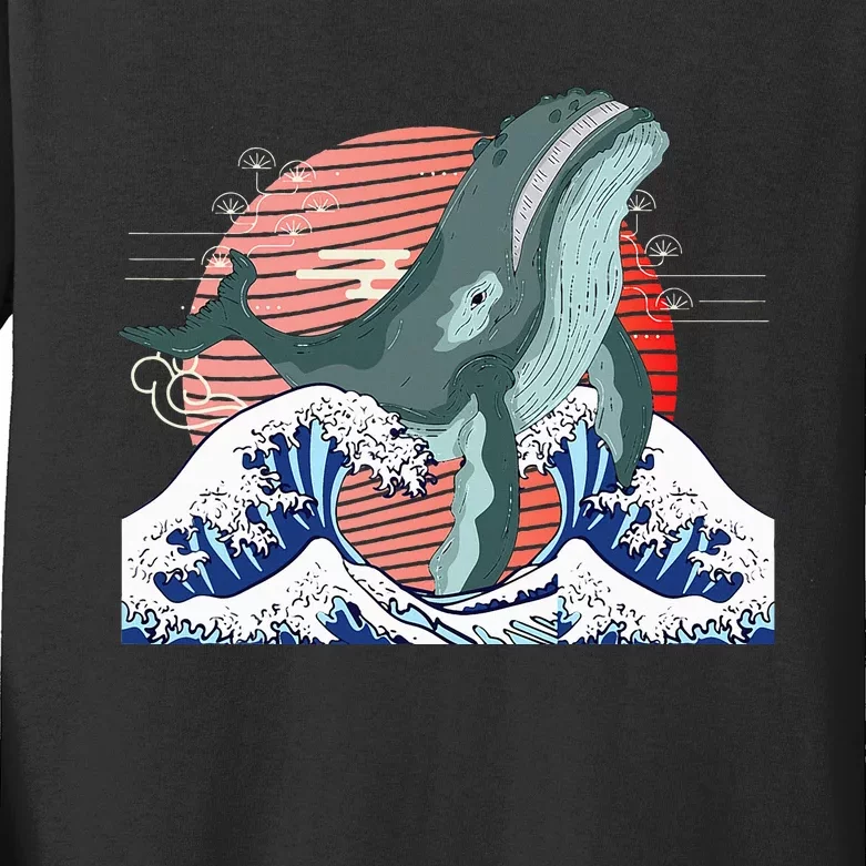 cute Humpback whale waves sea Japanese style Kids Long Sleeve Shirt