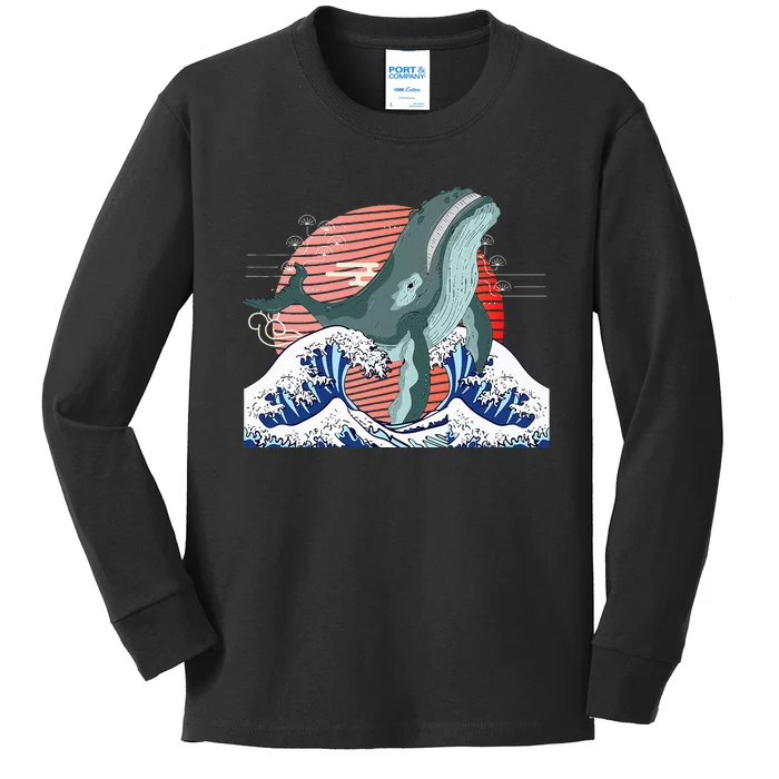 cute Humpback whale waves sea Japanese style Kids Long Sleeve Shirt